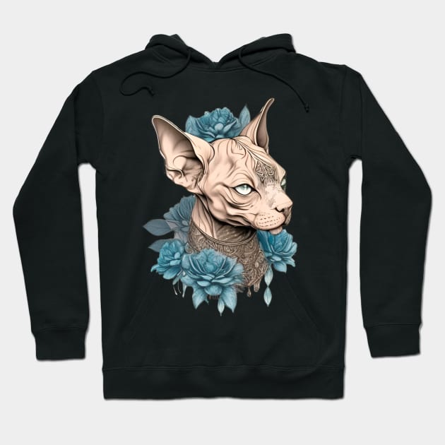 Sphynx Cat Paired with Blue Roses Hoodie by Enchanted Reverie